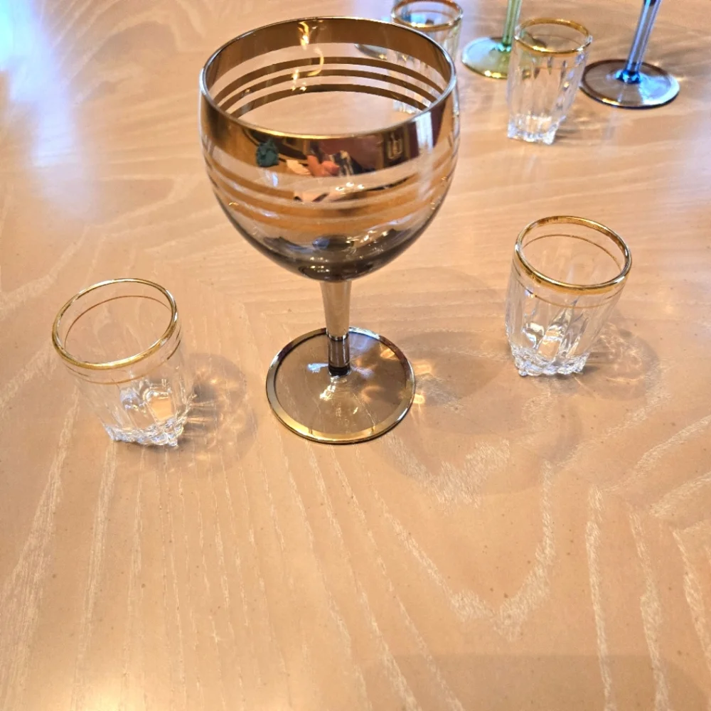 Vintage Gold Band 5-Piece Stemware Wine Glasses & 4-Piece Shot Glasses